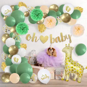 Sage green and gold Oh Baby shower balloon arch kit with giraffe foil balloon decoration