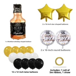 Détails du kit de ballons d'anniversaire noir et or avec bouteille et étoiles en aluminium