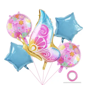Butterfly and flower foil balloon set with star shapes for girl's birthday party decor