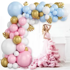 112pcs Macaron Pink Blue and White Balloon Arch Kit with Gold Palm Leaves for Baby Shower