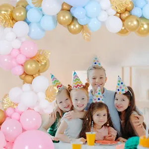 112pcs Macaron Pink Blue and White Balloon Arch Kit with Gold Leaves for Baby Shower