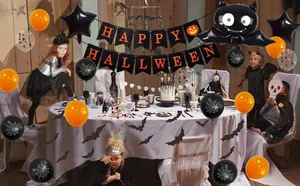 Halloween party decoration set with Happy Halloween banner and black bat foil balloon