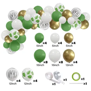 Jungle theme balloon arch kit detail showing green, gold, and monstera leaf print balloons