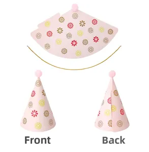 Floral pink party cone hat kit showing assembly steps and front-back views