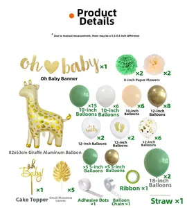 Detailed components of bean green giraffe baby shower decor kit with balloons and banner