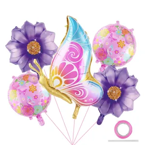 Five-piece butterfly and flower foil balloon set with pink ribbons for party decorations