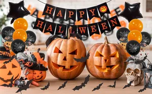 Detail of Halloween party set with Happy Halloween banner and bat foil balloons