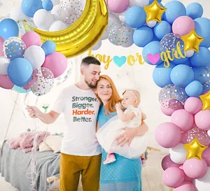 Gender reveal party set with moon star balloons and boy or girl glitter banner decoration