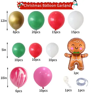 Christmas balloon kit detail showing red green gingerbread man and candy cane latex balloons