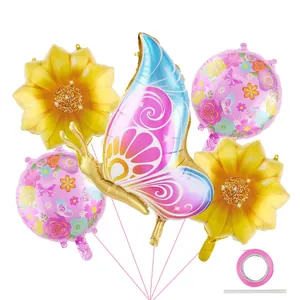 Detail view of butterfly and sunflower foil balloon set for birthday party decorations