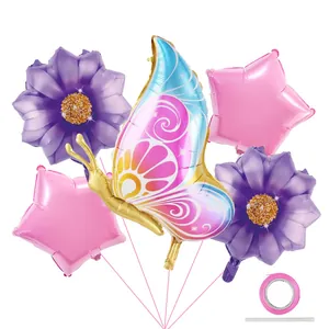 5-piece foil balloon set including colorful butterfly, purple flowers and pink stars