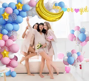 Gender reveal party set with boy or girl banner, star moon balloons and party props