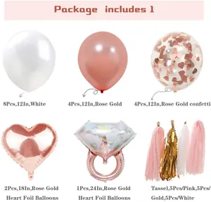 Roségouden bruidsballonnenset met hartvormige folieballonnen en papieren kwastjes