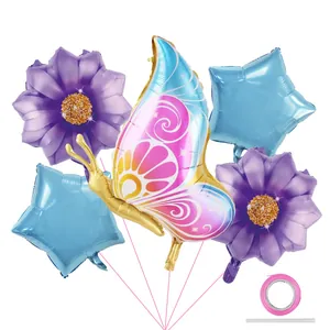 Detail view of butterfly and flower foil balloon set for birthday party decorations
