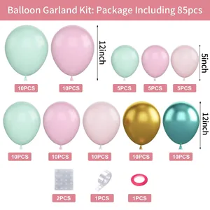 Détail du kit arche de ballons macaron 85 pièces avec ballons 12 et 5 pouces et accessoires
