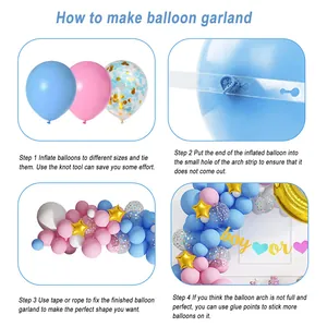 Step-by-step DIY guide for baby gender reveal balloon garland kit with blue and pink balloons