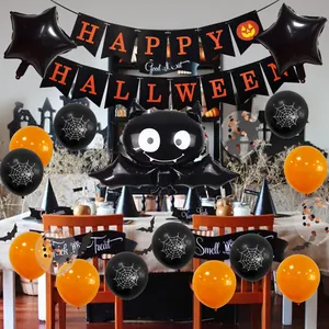 Halloween Party Decoration Set Happy Halloween Banner Bat Foil Balloon Star Foil Balloon Spider Web Latex Balloon Bat Wall Sticker Kit