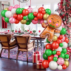 Christmas gingerbread man balloon arch kit with red and green metallic latex party decor