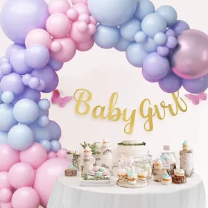 Macaron blue and pink balloon arch kit with golden Baby Girl banner for baby shower decor