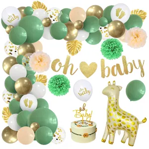 Oh Baby Theme Party Decoration Sage Green Gold White Latex Balloons Giraffe Foil Balloon Paper Pom Poms Banner For Birthday Baby Shower