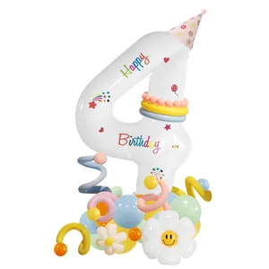 Number 4 birthday balloon stand with floral hat and colorful daisy floral decorations