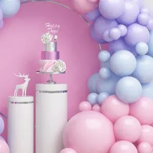 Romantic pastel pink and blue balloon arch kit with white pedestals for party decoration