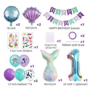 Kit fête sirène avec ballons queue de poisson, ballons coquillage et bannière violette