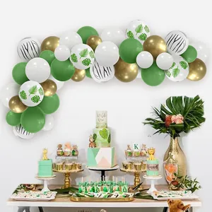 Jungle Safari Balloon Arch Kit Green White Gold Latex Balloons With Monstera Leaf Zebra Pattern For Birthday Party Decoration