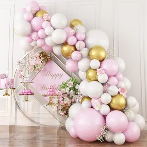 Macaron Pink White Gold Balloon Arch Garland Kit With Artificial Flowers For Wedding Birthday Anniversary Party Decoration