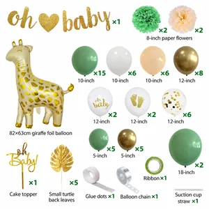 Oh Baby party set with sage green balloons, giraffe foil balloon and gold banner