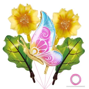 Detail set of butterfly, sunflower and leaf foil balloons with pink ribbon for girls party