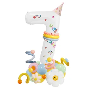 Detail of white number 7 balloon set with happy birthday print and floral base stand