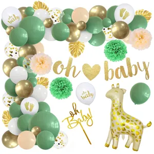 Sage green and gold Oh Baby party balloon arch kit with giraffe balloon and banner