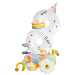 Detail of a number 8 balloon tower with pink party hat and white daisy flower base
