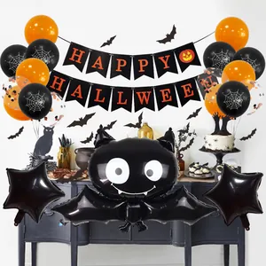 Halloween party decoration set with bat foil balloon, black banner, and orange latex balloons