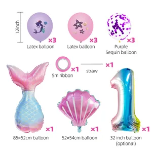 Detailed set of mermaid theme party balloons with latex and foil shell or tail shapes