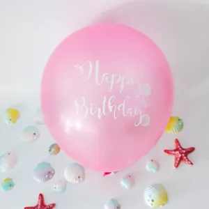 Pink 12-inch mermaid birthday latex balloon with white Happy Birthday shell print