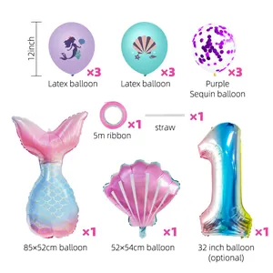 Mermaid party set with purple latex balloons and large foil shells for 1st birthday decor