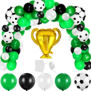 Soccer theme balloon arch kit with gold champion trophy and football pattern latex balloons