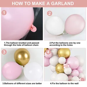 DIY guide showing how to assemble a macaron pink balloon garland for parties