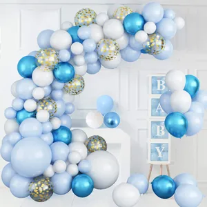 Blue and white balloon arch kit with metallic balloons and confetti for baby shower decor
