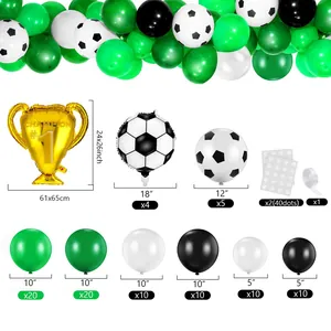 Detailed set of soccer theme balloons with golden trophy and various sizes specification