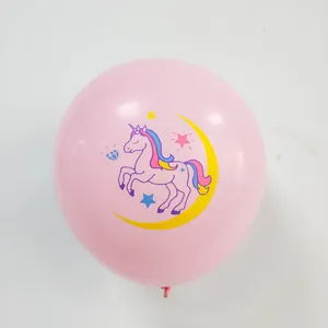 Pink 12-inch unicorn latex balloon with yellow moon and blue star party decorations