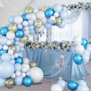 Blue and white balloon arch kit with metallic gold confetti for wedding party decor