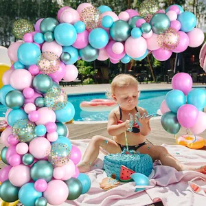 Flamingo themed balloon arch kit with pink blue and teal balloons for summer beach party