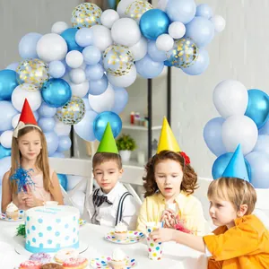 Blue and white balloon arch set with gold confetti balloons and party hats for birthday events