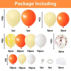 Detailed list of orange and cream balloon garland kit with sizes and assembly tools