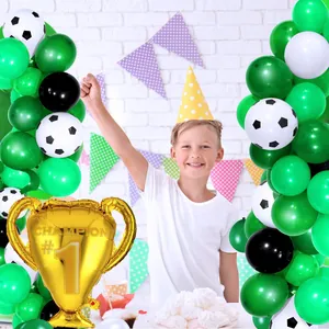 Football party decoration set with gold champion trophy balloon and green latex balloons