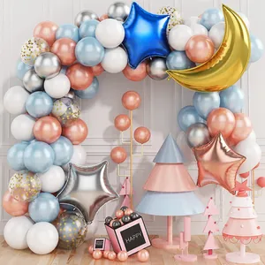 Kit Arche Ballon Lune Étoile Or Rose Bleu Clair Blanc Latex Aluminium Pour Décoration Fond Anniversaire Mariage Fête