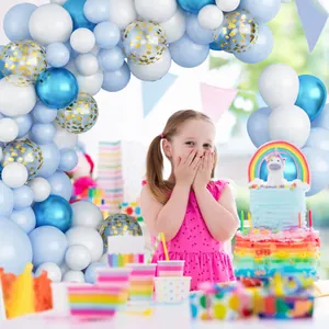 Blue and white party balloon arch kit with metallic blue and confetti latex balloons